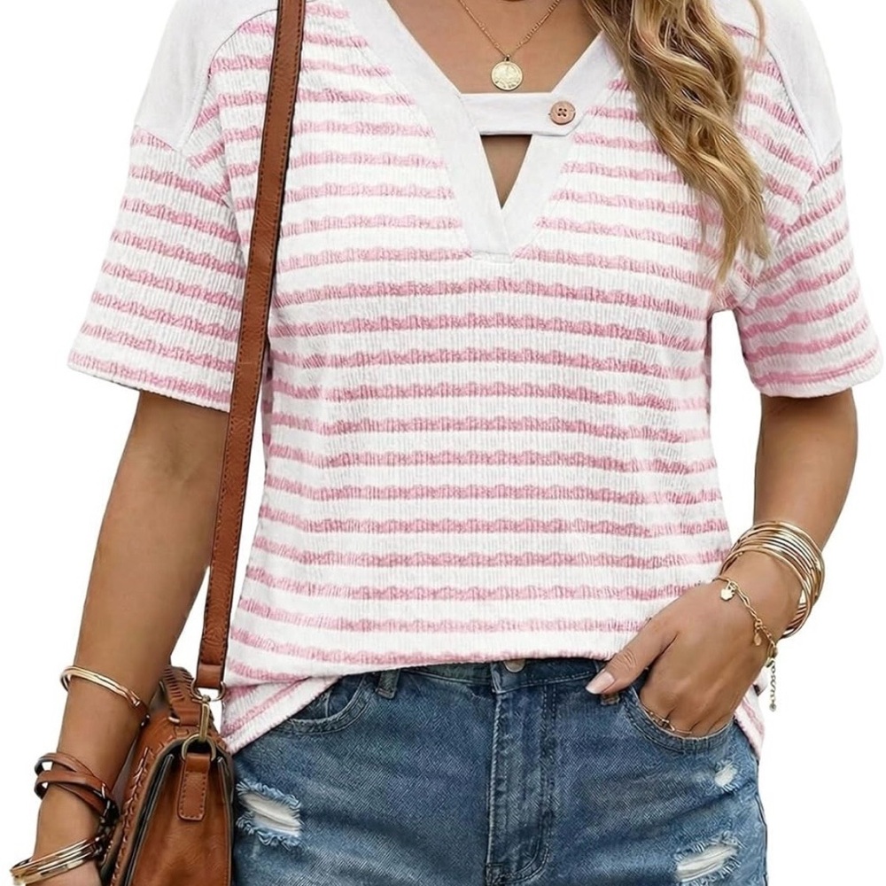 Casual Pink Stripe Short Sleeve V-Neck Tee-NWT